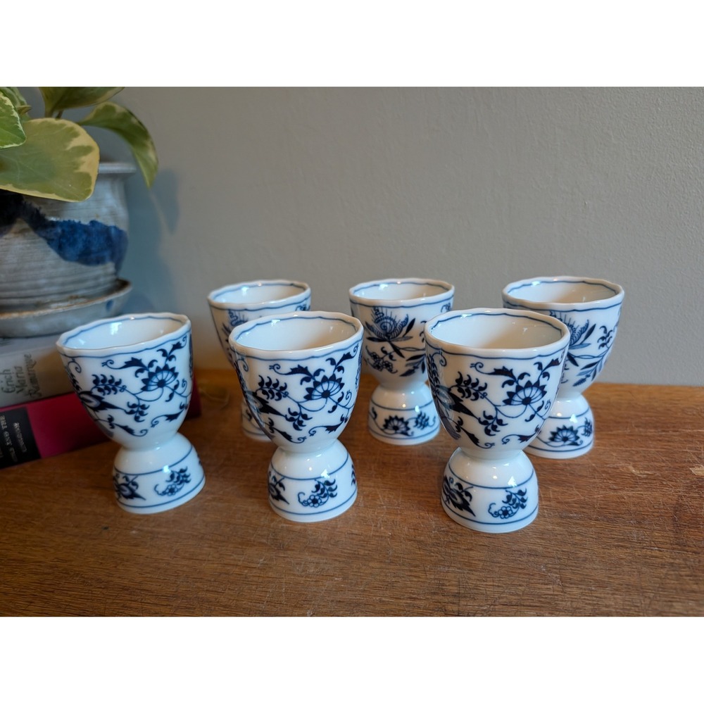 Vintage Blue Danube Japan Porcelain Egg Cups Set of 6 Blue Onion Floral Pattern